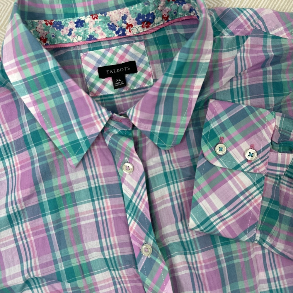 Talbots Womens XL Plaid Button Up Long Sleeve Pink Plaid Lightweight Blouse